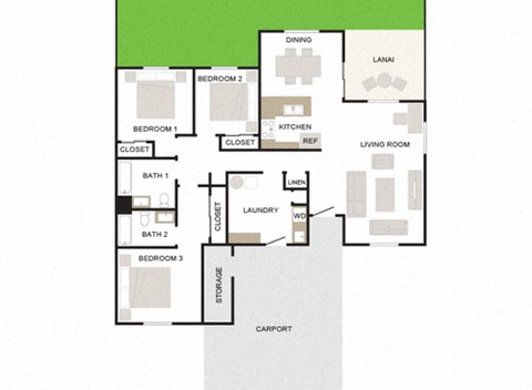 Floor plan for 3 beds, 2 baths, 1453 sqft